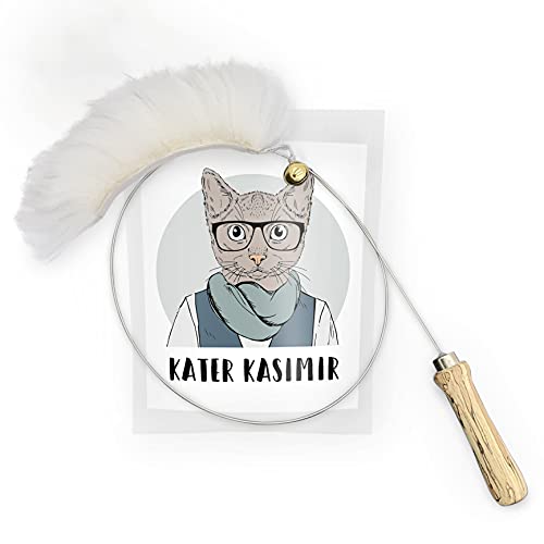 Caña de pescar para gatos con auténtica piel de oveja – extralarga y estable con mango de madera – Pesca interactiva / juguete de arroz, ayuda a desarrollar la inteligencia de tu gato.