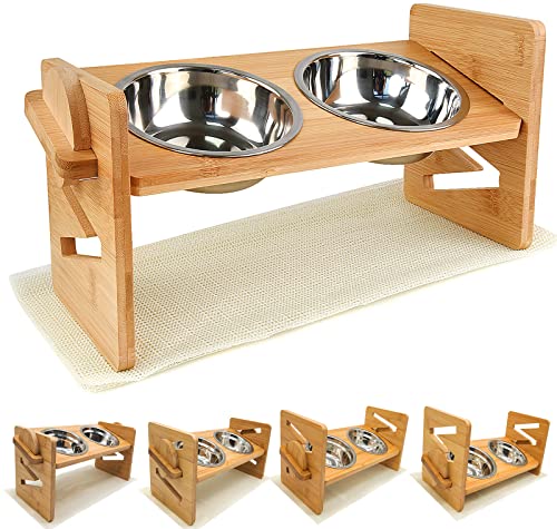 Comedero Ajustable para Mascota,Bebedero Regulable para Perro Gato,se ajustan a 4 alturas,alimentador con 2 cuencos de acero inoxidable y alfombrilla para gatos