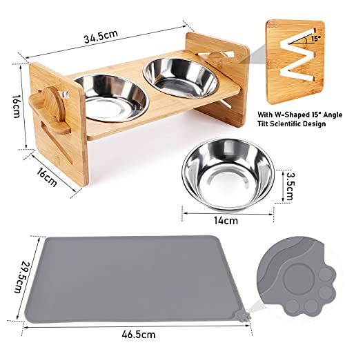 Comedero Elevado para Perros Gatos Altura Ajustable Cuenco Elevado Soporte de Bambú con 2 Cuencos Acero Inoxidable y Alfombras para Comederos para Perro Gatos Pequeño
