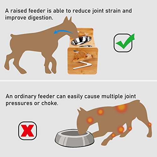 Comedero Elevado para Perros Gatos Altura Ajustable Cuenco Elevado Soporte de Bambú con 2 Cuencos Acero Inoxidable y Alfombras para Comederos para Perro Gatos Pequeño