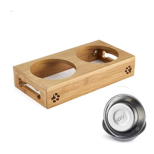 Comedero para Mascota con 2 Cuencos,Cuencos Perro Comida Gatos Bebedero con Bambú Soporte,Doble tazón para Agua alimento