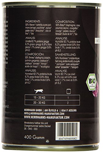 Comida para Perros Herrmanns Bio Menu 2 con boniato, calabacín, 400 g, 12 Unidades (12 x 400 g)