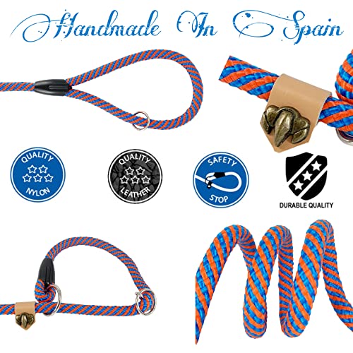 Correa para Perros con Collar 2 Colores, Fabrica en E.U, Nylon Corta Redonda de 12 mm Antitirones, Correa de Adiestramiento para Perros Pequeños Medianos y Grandes. 160 cm. Azul&Naranja.