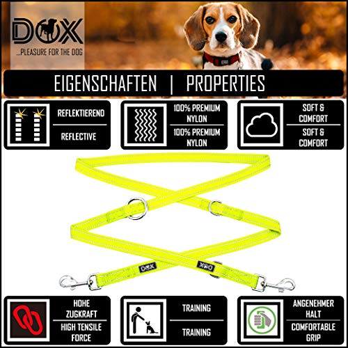 DDOXX Correa Perro Multiposición Nylon Reflectante, Ajustable en 3 tamaños, 2 m | Muchos Colores & Tamaños | para Perros Pequeño, Mediano y Grande | Correa Doble 2 Gato Cachorro | S, Amarillo