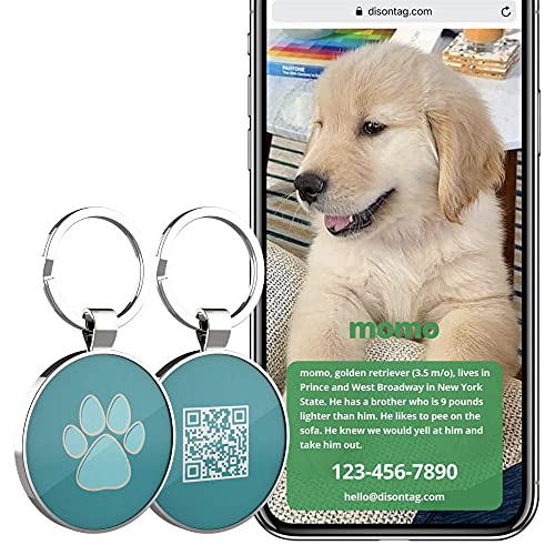 DISONTAG Placas para Perros,Placa para Perros Personalizadas, Etiqueta de identificación de mascota,QR posterior directo al perfil Guardar y mostrar información | Modificable
