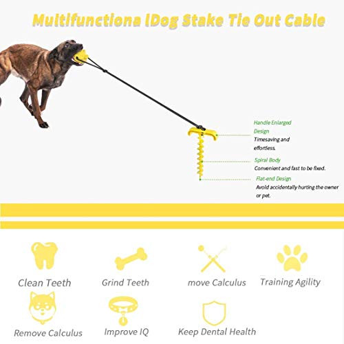 DUJIAOSHOU Estaca para perro en tierra, cable y estaca, correa de plomo para perro, anclaje de tierra en espiral resistente con bola molar de juguete (amarillo)