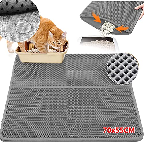 Estera de Arena para Gato 70 x 55 cm, Alfombra de Basura Impermeable Antideslizante Doble Capa Fácil de Limpiar, Esterilla para Gatos Trapping Mat
