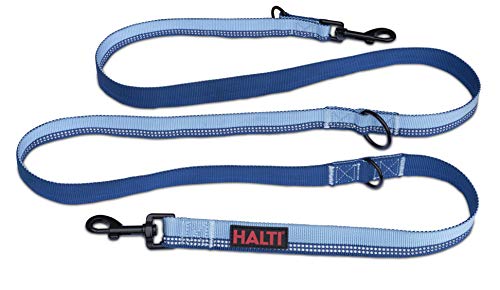 Halti Correa Multifuncional de Doble Punta, con Tira Reflectante y 2 Clips de gatillo Reforzados. Color Azul Bicolor con Tira Reflectante, L