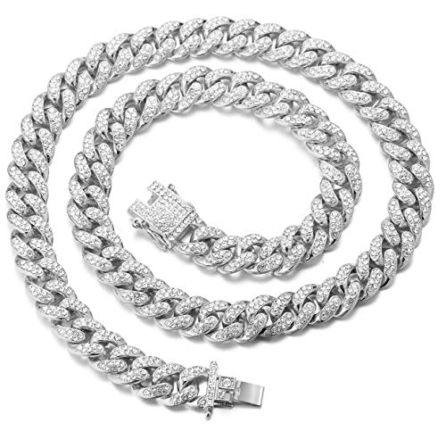 Halukakah Cadena de Oro Iced out para Perro,Diamante Cubano Collar Collarín 14MM Chapado en Oro Blanco Platino 55cm Talla XL con Gratis Caja de Regalo,Solo Decoración