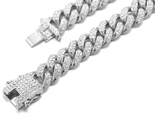 Halukakah Cadena de Oro Iced out para Perro,Diamante Cubano Collar Collarín 14MM Chapado en Oro Blanco Platino 55cm Talla XL con Gratis Caja de Regalo,Solo Decoración