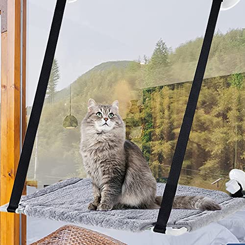 Hamaca Ventana de Gato, Cama para Gatos Ventosa con Potente Ventosas y Manta Suave, Hamacas para Gatos Tomar el Sol, Cama Gato Colgante para Gatos/Perros de Interior, Soportar hasta 15KGS (Gris)