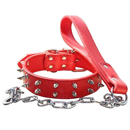 haoyueer Collar de piel con tachuelas para perro con cadena de cadena para Pitbull, tamaño mediano, grande, caña de Corso. Rottweiler. Bully. Amstaff (M, rojo)