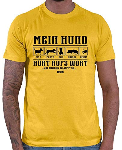 Hariz – Camiseta para hombre, diseño de perro con texto "Mein Hund Hört Aufs Wort 2 perro Frauchen Plus tarjetas de regalo dorado amarillo XXL