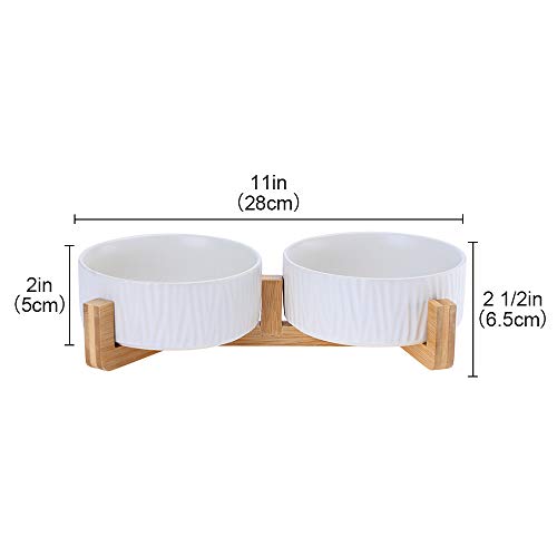 HCHLQLZ Blanco Ceramica Comedero Perro y Comedero Gato - 2x400 ml - En un Elegante Soporte de bambú - También Adecuado para Perros Grandes/Grandes felinos