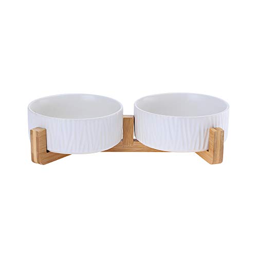 HCHLQLZ Blanco Ceramica Comedero Perro y Comedero Gato - 2x400 ml - En un Elegante Soporte de bambú - También Adecuado para Perros Grandes/Grandes felinos