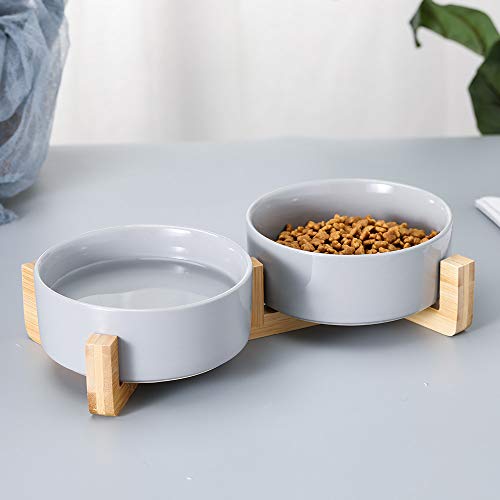 HCHLQLZ Gris Ceramica Comedero Perro y Comedero Gato - 2x400 ml - En un Elegante Soporte de bambú - También Adecuado para Perros Grandes/Grandes felinos
