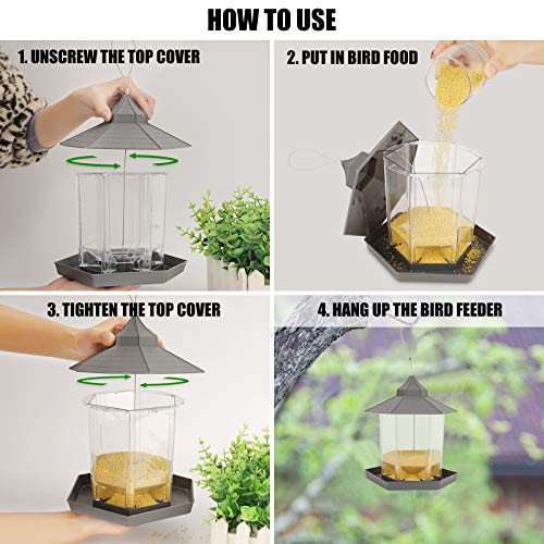 Herefun Comedero para Pájaros, Comedero Colgante para Pájaros, Comedero para Pájaros Salvajes para Exteriores a Prueba de Ardillas, Resistente al Agua Pajarera para Colgar (Gris)