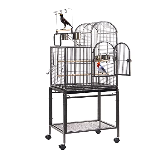 IKAYAAA Jaula para loros con escalera, perca, gancho para juguete, soporte para bebidas, cuencos para comederos, varillas de madera, jaula de alambre con 4 ruedas de 59,7 x 42,2 x 153,3 cm