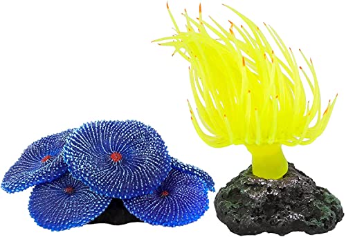 Jubaopen 2PCS Coral de Silicona de Acuario Corales Artificiales Coral Adorno Decoración Corales Falsos Decoración de Coral Artificial para Estanque de Pecera de Acuario (Azul y Amarillo)