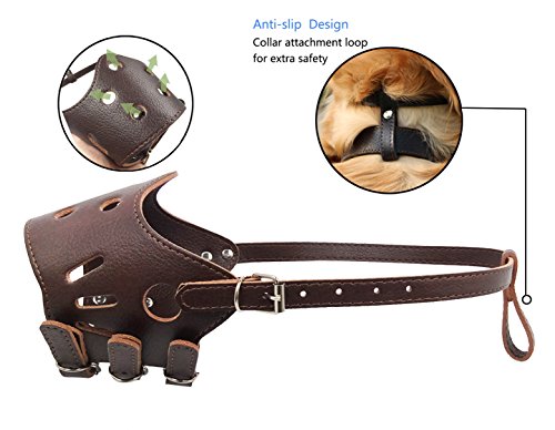 JUNMO® Ajustable de Cuero Hocico del Perro Anti-Morder Transpirable Seguridad del Animal Doméstico del Perrito de la Máscara de Bozales para Morder y Ladrar(Marrón, L)