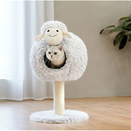 Kdekifn Casa con forma de cordero Cama para gatos Cuerda de sisal Árbol de gatos extraíble para gatos Árbol Cueva de gatos de Navidad Camas para mascotas de calentamiento automático Suministros para m