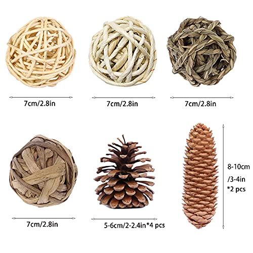 NAMIS Pequeños Animales Juguetes para Masticar Hámster 10 Pcs Natural Bola de Hierba con piñas de Pino Bolas de ratán Tejidas Natural Molar Juguetes para Conejos, Chinchillas, Hámsters, Cobayas