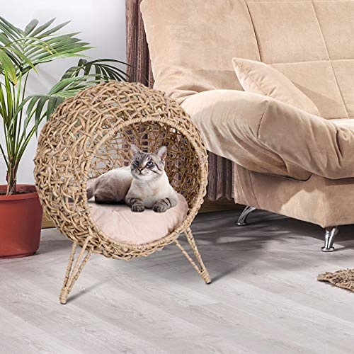 Pawhut Cama Cueva de Ratán para Gatos o Mascotas Pequeña con Base Trípode Cojín de Felpa y Algodón Suave Diseño Elevado Estable Φ52x58 cm Madera Natural