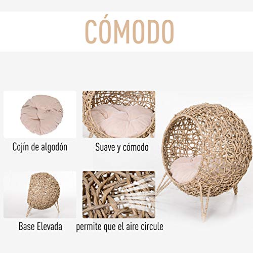 Pawhut Cama Cueva de Ratán para Gatos o Mascotas Pequeña con Base Trípode Cojín de Felpa y Algodón Suave Diseño Elevado Estable Φ52x58 cm Madera Natural