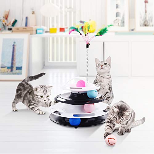 Pecute Juguete para Gatos con Diseño de Torre con 4 Pelotas de 4 Niveles,con Catnip Bola y Palo Divertido, Antideslizante y Facil de Desmontar (Blanco y Negro)