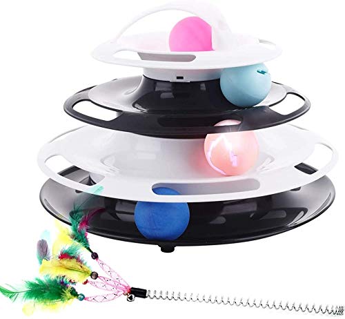 Pecute Juguete para Gatos con Diseño de Torre con 4 Pelotas de 4 Niveles,con Catnip Bola y Palo Divertido, Antideslizante y Facil de Desmontar (Blanco y Negro)