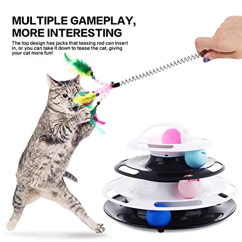 Pecute Juguete para Gatos con Diseño de Torre con 4 Pelotas de 4 Niveles,con Catnip Bola y Palo Divertido, Antideslizante y Facil de Desmontar (Blanco y Negro)