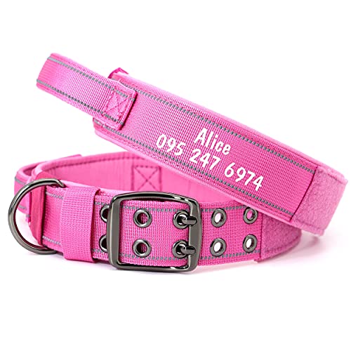 PET ARTIST Collar de perro militar ajustable con nombre y número de teléfono de mascota personalizados, collar con hebilla de metal resistente para perros medianos grandes,rosa,XL