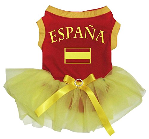 Petitebelle Camiseta roja con tutú amarillo para cachorro, diseño de bandera de España, color rojo
