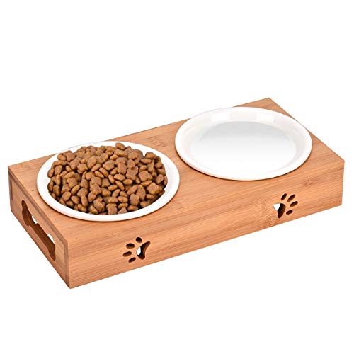 Queta Juego de comedero para gatos, antideslizante, de cerámica, con soporte de bambú, comedero para gatos, perros, de bambú, doble cuenco para gatos y perros