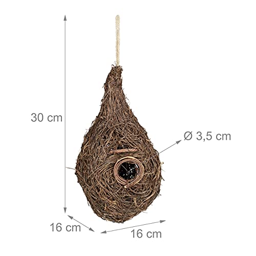 Relaxdays 0 Nido Pájaro Forma Gota, Accesorios para Jaulas, Refugio para Aves Silvestres, 30 x 16 x 16 cm, Marrón Natural, 1 Unidad
