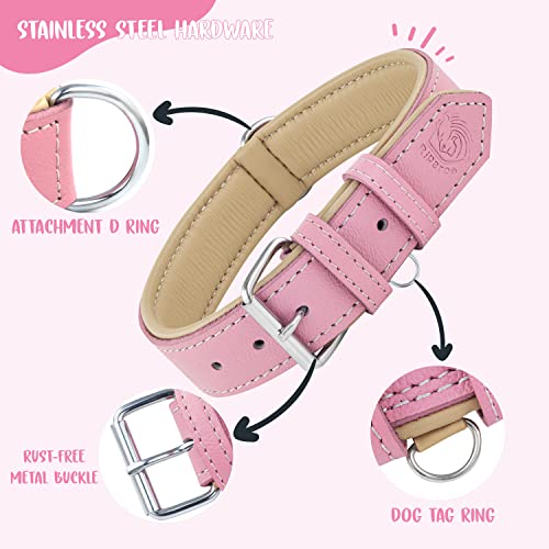 Riparo Collar de perro acolchado de cuero genuino Collar de mascota ajustable K-9 fuerte (L: 3,8cm de ancho para cuello de 45,7cm - 53,3cm, Rosa)