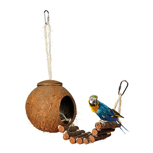Selma. Nido de concha de coco natural para pájaros, casa de caseta de comedero para mascotas, loros, periquitos, juguete