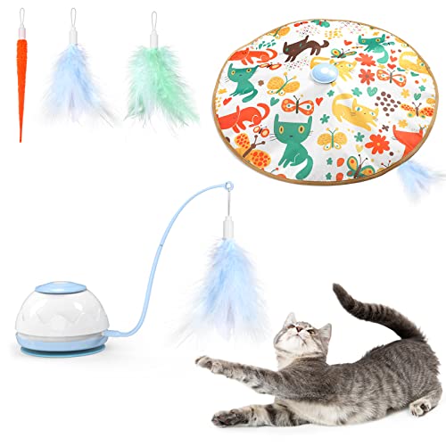 VavoPaw Molino de Viento para Gatos, Placa Giratoria Electrónica Automática con Varillas Plumas Oruga Cubierta Tocadiscos de Juego Captura Juguete Interactivo Divertido para Gatitos, Azul