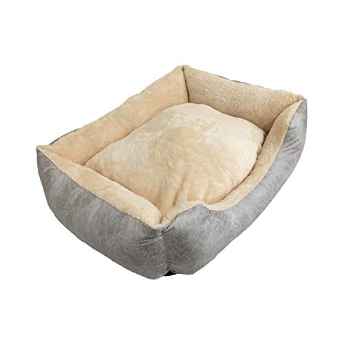 BRAVO. Cama para Perros. Colchón Rectangular Acolchado con Bordes Salientes de Color Gris y Pelo Interior Beige Muy Suave para Perros Pequeños, Medianos y Grandes. (Tallas S,M). (S-60x45cm)