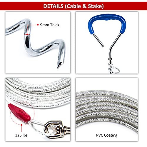 Cadenas de 3 m para perro exterior de cable de amarre de acero resistente en espiral de tierra de 45 cm para perro al aire libre perro camping correa de plomo para perros 120 libras (cable y estaca