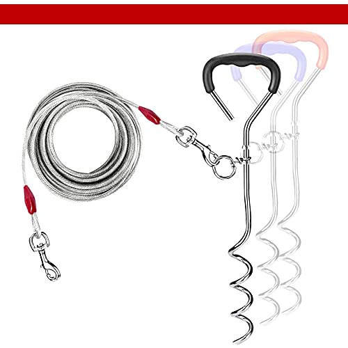 Cadenas de 3 m para perro exterior de cable de amarre de acero resistente en espiral de tierra de 45 cm para perro al aire libre perro camping correa de plomo para perros 120 libras (cable y estaca
