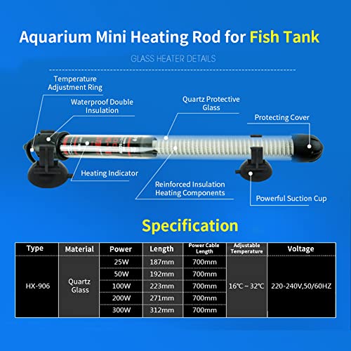 Calentador de Acuario, 220-240 V EU Plug Calentador de pecera de Temperatura Ajustable con Indicador de Encendido con 2 ventosas para Agua Salada Marina y Agua Dulce(200W)