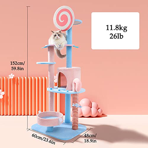 Candy Cat Tree Cat Tower Apartment, Columna rascadora de sisal, Marco Escalada para Gatos con Divertido Colgante de Gato, Nido de Gato, Adecuado para Actividades en Interiores (26/38/53/60 Pulgadas)