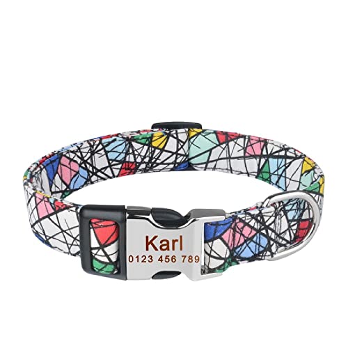 Collar de Perro Unisex de Tela Escocesa de Nailon Ajustable Personalizado Personalizado Etiqueta de Nombre grabada Gratis Collar de Perro Productos pequeños y Grandes Collares de Perro, Tangram