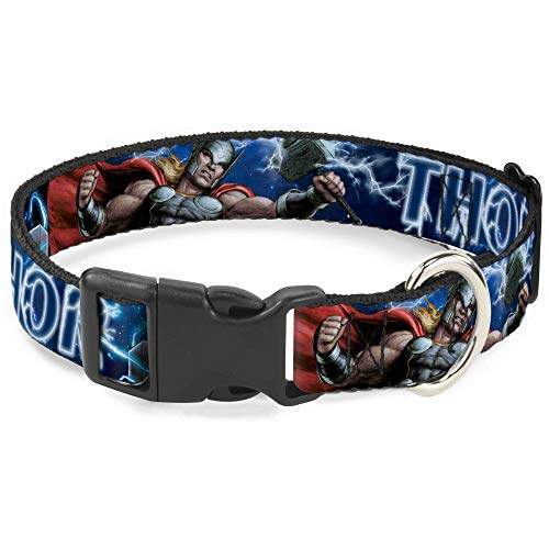 Collar de plástico para perro, diseño de los Vengadores Thor Hammer Action Pose Galaxy Blues, color blanco, disponible en tamaños ajustables para perros pequeños, medianos y grandes