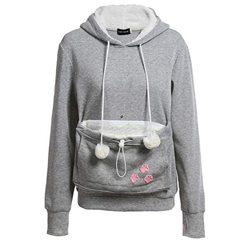CYC Sudadera con Capucha para Mujer Sudadera con Capucha de Lana Jersey de Manga Larga Sudadera con Bolsillo Grande Puede Contener Gatos y Perros Mascotas,Gris,XL