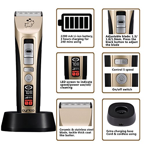 cyrico Cortapuzas profesionales de 5 velocidades para perros y gatos con recordatorio inteligente LCD (5 velocidades)