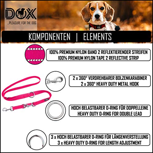 DDOXX Correa Perro Multiposición Nylon Reflectante, Ajustable en 3 tamaños, 2 m | Muchos Colores & Tamaños | para Perros Pequeño, Mediano y Grande | Correa Doble 2 Gato Cachorro | S, Rosado Rosa