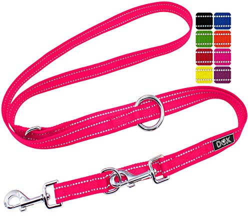DDOXX Correa Perro Multiposición Nylon Reflectante, Ajustable en 3 tamaños, 2 m | Muchos Colores & Tamaños | para Perros Pequeño, Mediano y Grande | Correa Doble 2 Gato Cachorro | S, Rosado Rosa