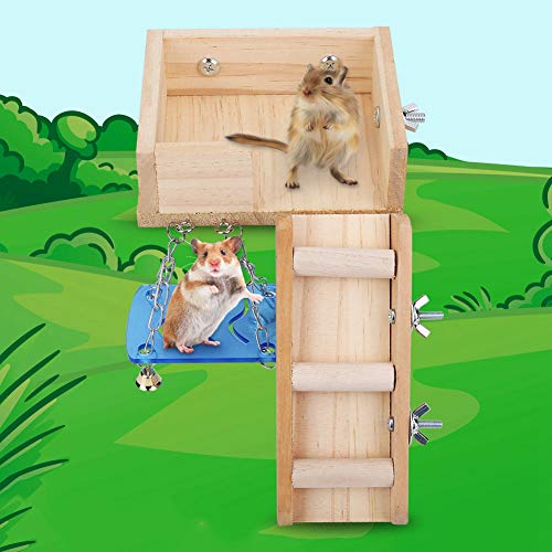 Esenlong Mascotas de madera Casa de hámster Pequeño Animal Ardilla de ratón Jaula Escalera Ático Swing Juguete Madera Color Enano Hamster Casa